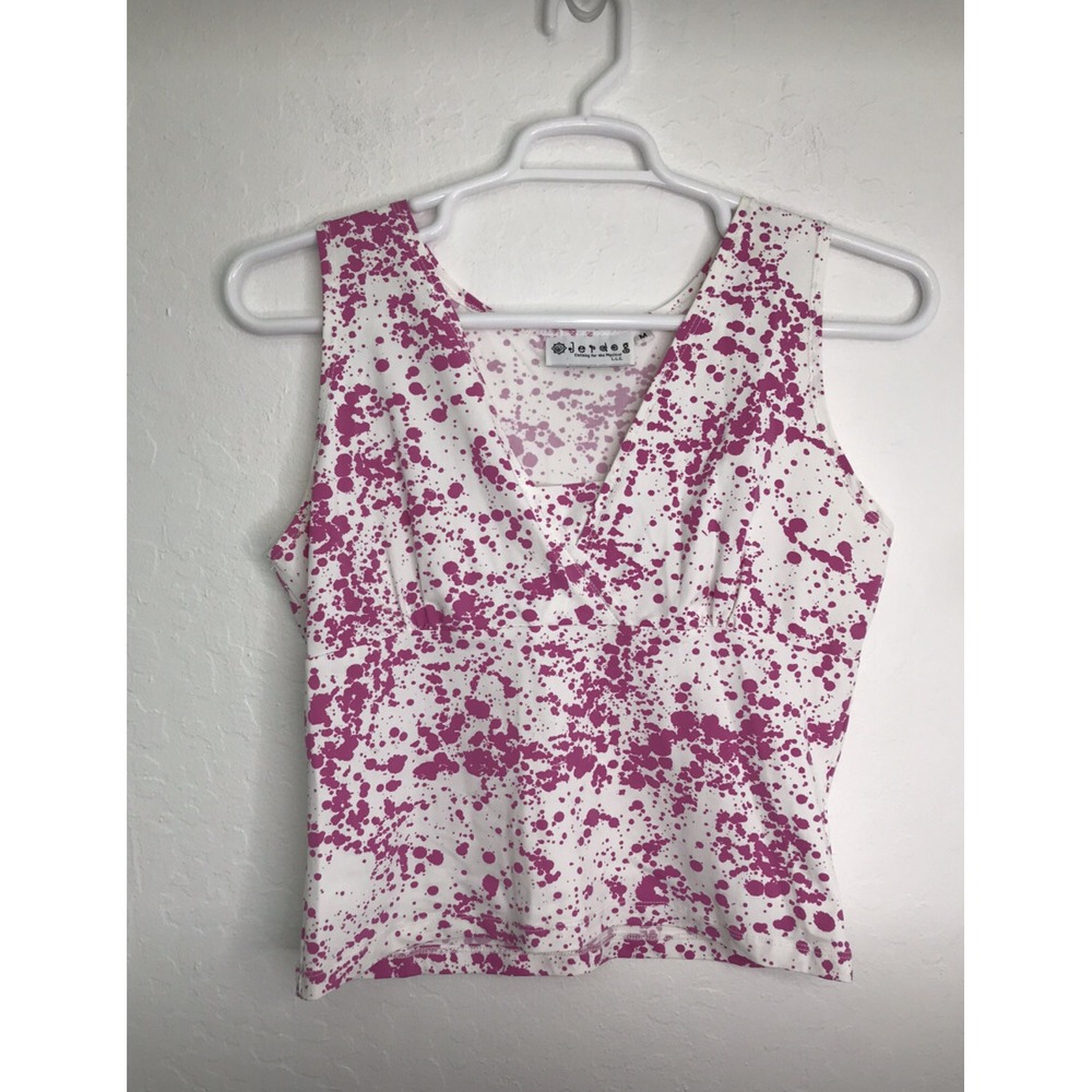 Jerdog Womens Pink White Splatter Athletic Tank Top V-Neck Stretch Medium